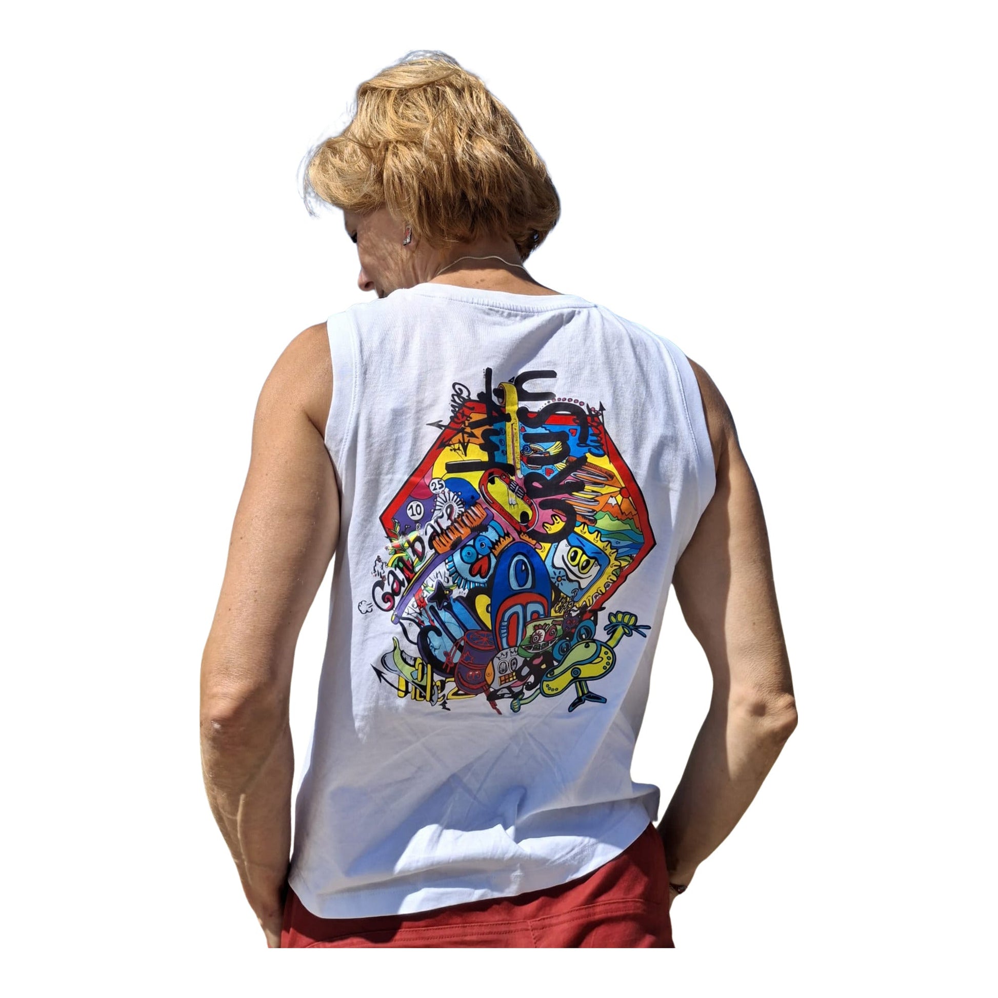 Climber wearing the Doodle Vex 2 Women's Sleeveless T-Shirt in white, back view showing the full print