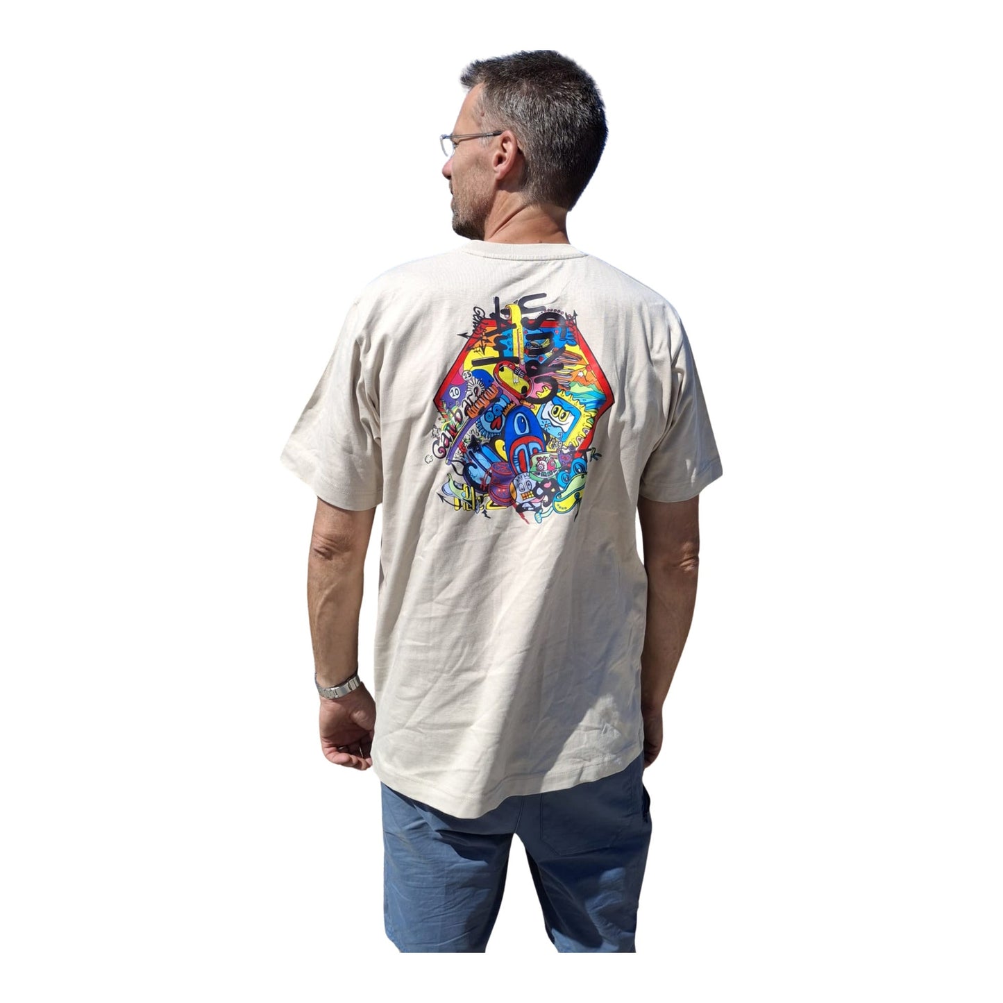 Climber wearing the Doodle Vex 2 T-Shirt in sand, back view showing the full print
